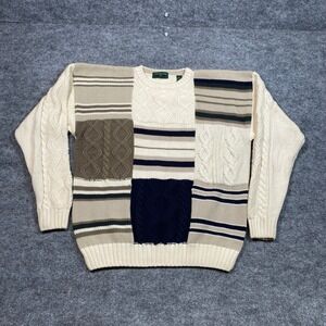Embassy Row Mens Patchwork Cable Knit Sweater XL Cream Striped Cotton Pullover